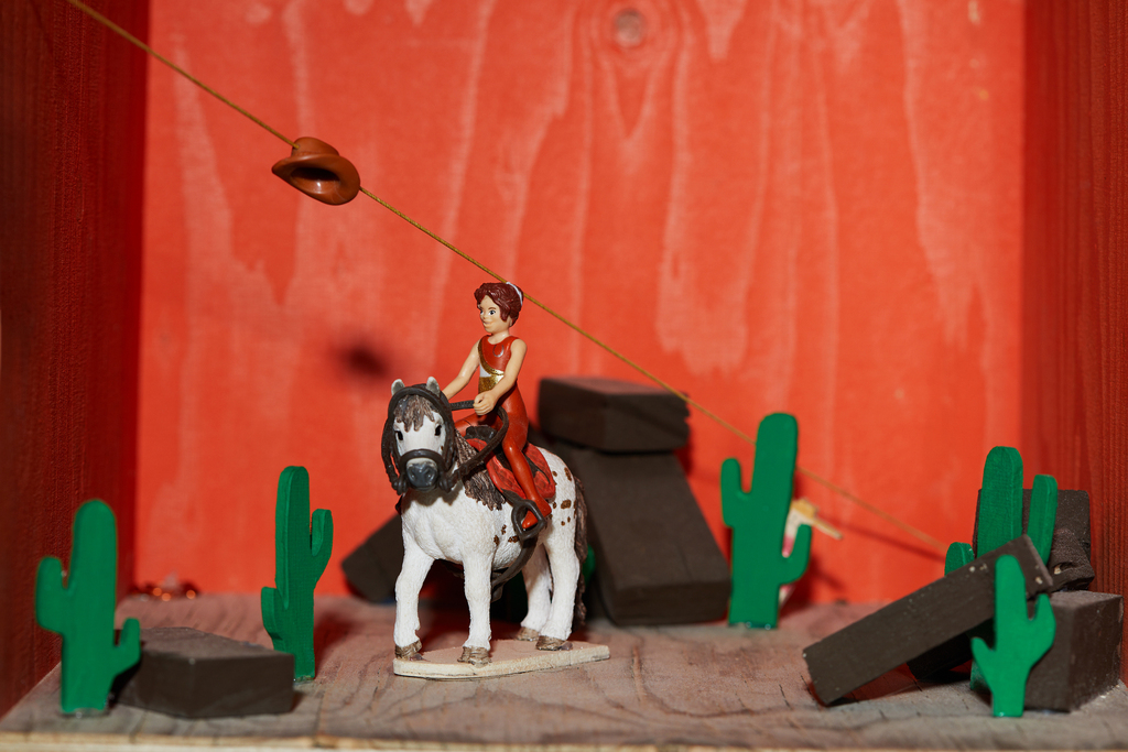 Detailaufnahme: Spielfigur auf geschecktem Pferd in Miniatur-Wüstenlandschaft mit Kakteen und Cowboyhut.